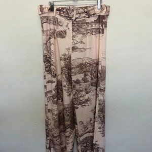 Boohoo Beige and Brown Scenic Print Wide Leg Pants